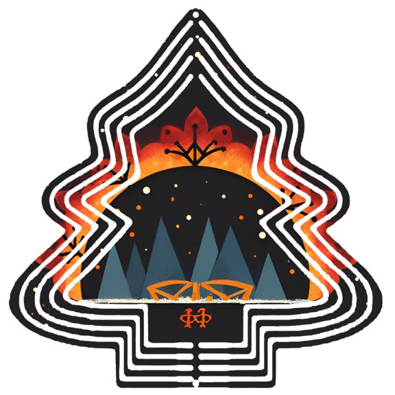 Stylized Metal Hanging Christmas Tree Wind Spinner - Abstract Design with Concentric Lines Celestial Motifs for Garden Decor