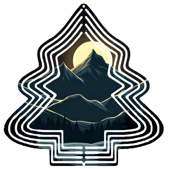 Stylized Metal Hanging Christmas Tree Wind Spinner - Abstract Mountain Scene with Moonlight Glow for Garden & Yard Decor