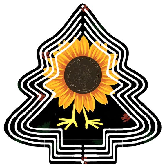 Stylized Metal Hanging Christmas Tree Wind Spinner - Abstract Sunflower Design with Radiating Petals & Yellow Bird for Garden Decor