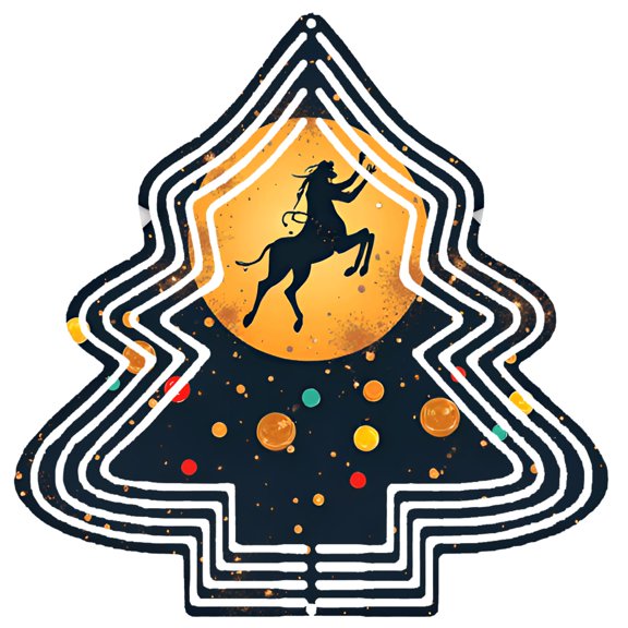 Stylized Metal Hanging Christmas Tree Wind Spinner - Celestial Horse & Rider Design with Orange Moon & Colorful Planets for Garden Decor