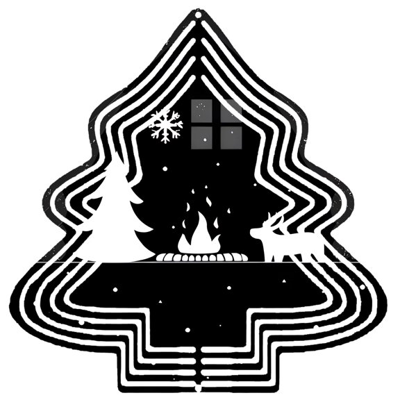 Stylized Metal Hanging Christmas Tree Wind Spinner - Concentric Circles Design with Fireplace Snowflake & Reindeer for Garden Decor