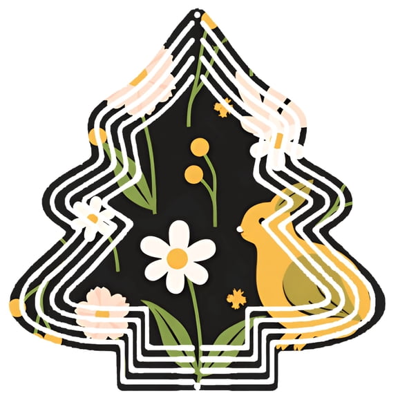 Stylized Metal Hanging Christmas Tree Wind Spinner - Features White & Yellow Floral Design Green Leaves and Yellow Squirrel for Garden Decor