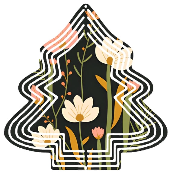 Stylized Metal Hanging Christmas Tree Wind Spinner - Floral Pattern Design with Daisies Perfect for Garden & Yard Decor