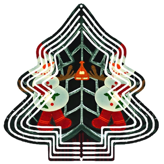 Stylized Metal Hanging Christmas Tree Wind Spinner - Frosty Snowflake Design with Reindeer & Snowmen - Perfect for Garden Decor