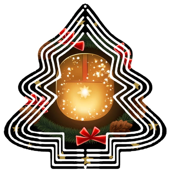 Stylized Metal Hanging Christmas Tree Wind Spinner - Glowing Ornament Red Ribbon Pine Branches & Stars - Festive Garden Decor