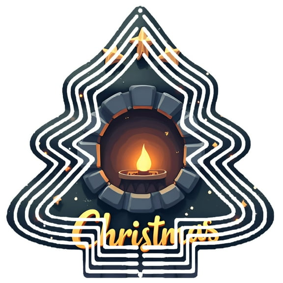 Stylized Metal Hanging Christmas Tree Wind Spinner - Industrial Design with Flame Center Stars Airplane Perfect for Garden Decor