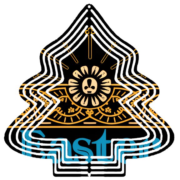 Stylized Metal Hanging Christmas Tree Wind Spinner - Intricate Skull & Floral Design in Black Gold & Blue for Garden Decor