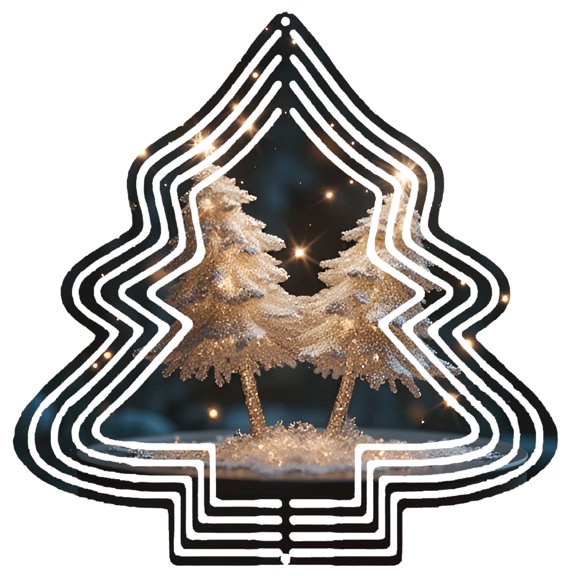 Stylized Metal Hanging Christmas Tree Wind Spinner - Layered Concentric Rings with Snowy Pine Trees & Twinkling Lights for Garden Decor