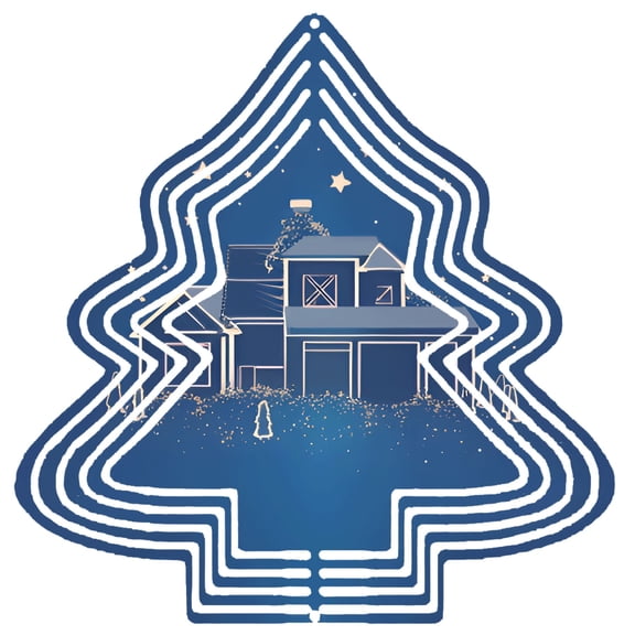 Stylized Metal Hanging Christmas Tree Wind Spinner - Layered Design with House & Chimney Perfect for Garden & Yard Decor