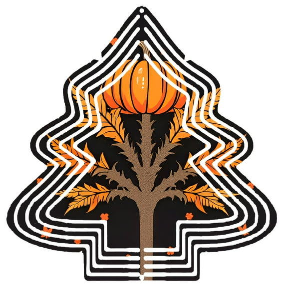 Stylized Metal Hanging Christmas Tree Wind Spinner - Vibrant Pumpkin Top Textured Trunk & Colorful Leaves for Garden Decor