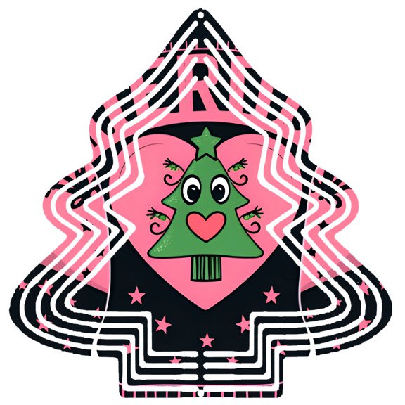 Stylized Metal Hanging Christmas Tree Wind Spinner - Whimsical Design with Smiling Face Heart Trunk & Pink Black Circles for Garden Decor