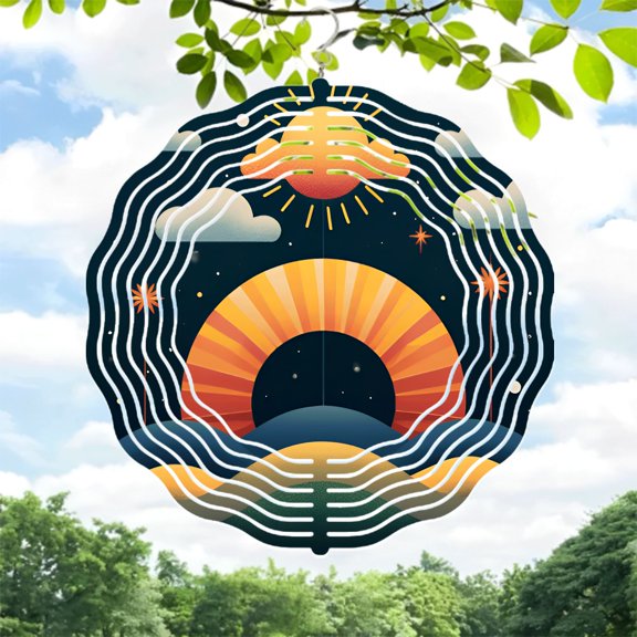Stylized Metal Hanging Wind Spinner - Radiant Sun Design with Concentric Waves Perfect for Yard & Garden Decor Warm Colors