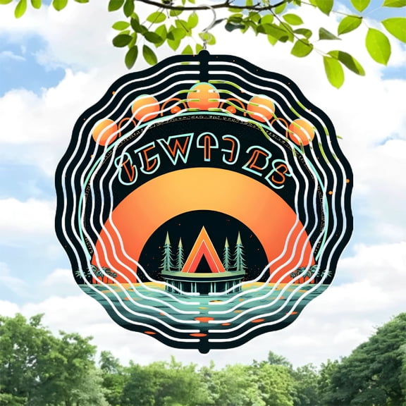 Stylized Metal Hanging Wind Spinner with Concentric Waves Celestial Orbs and Tent Design - Perfect for Yard and Garden Decor