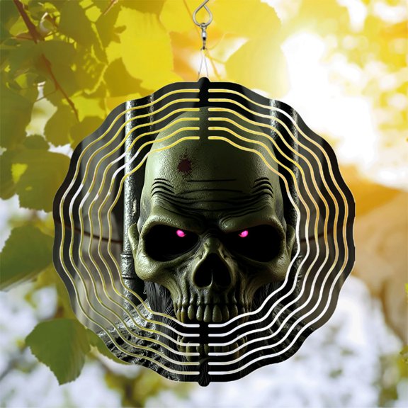 Stylized Metal Hanging Wind Spinner with Eerie Skull Design Glowing Eyes & Wave Pattern - Unique Yard & Garden Decor