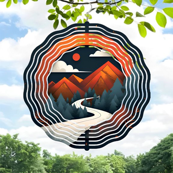 Stylized Metal Hanging Wind Spinner with Forest & Vibrant Red Mountains Design - Perfect for Yard & Garden Decor