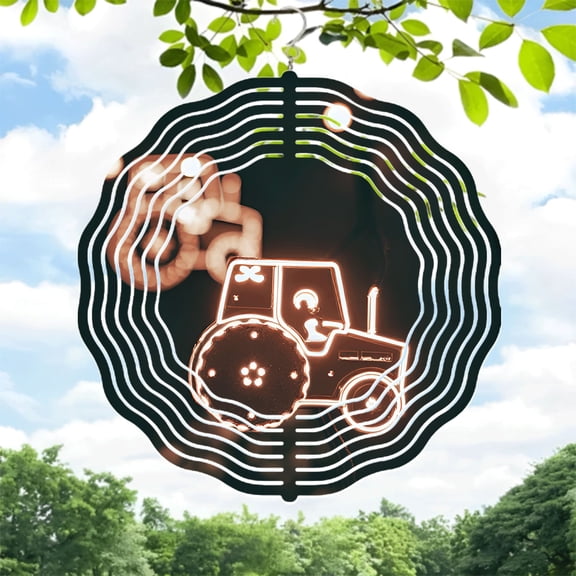 Stylized Metal Hanging Wind Spinner with Glowing Tractor Design & Concentric Wavy Patterns - Perfect for Yard & Garden Decor