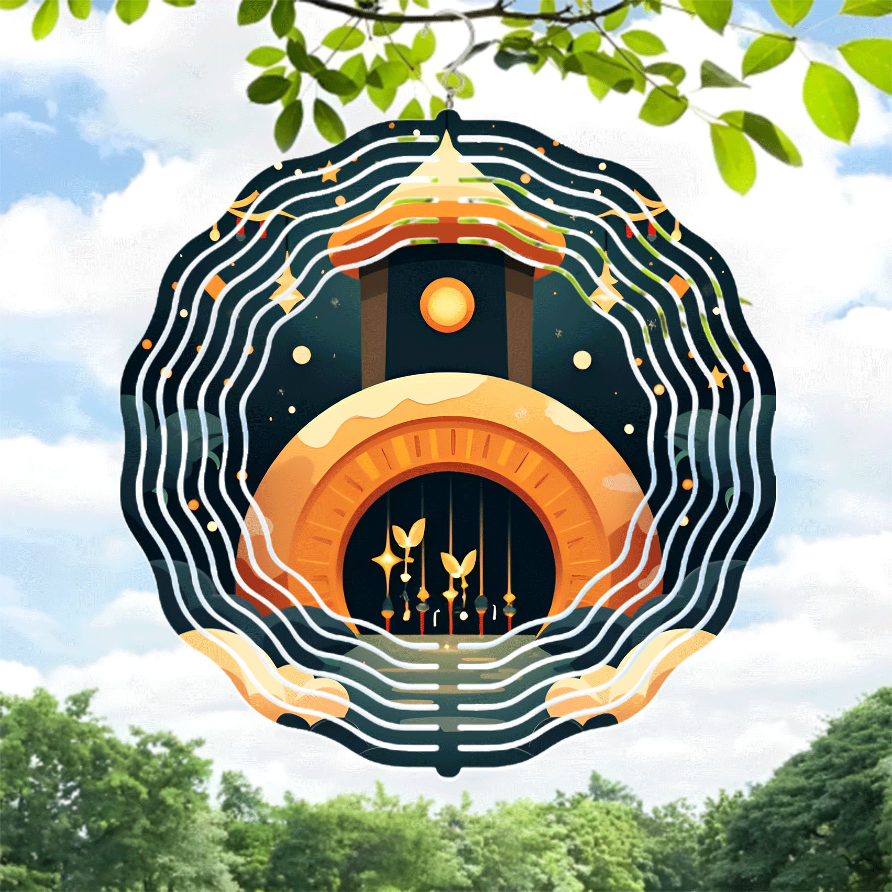 Stylized Metal Hanging Wind Spinner with Golden Arch & Concentric ...