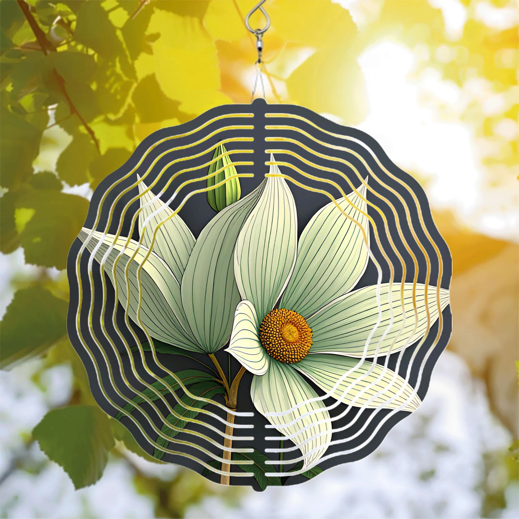 Stylized Metal Hanging Wind Spinner with Intricate Flower Design Green ...