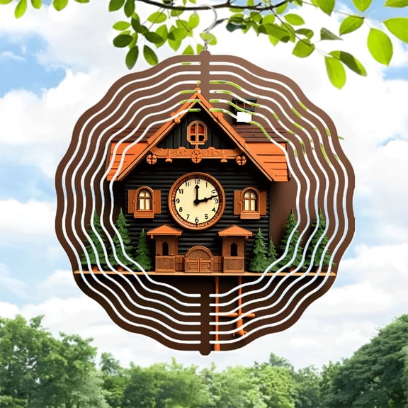 Stylized Metal Hanging Wind Spinner with Musical House Design Clock Facade & Sound Wave Pattern - Perfect for Yard & Garden Decor
