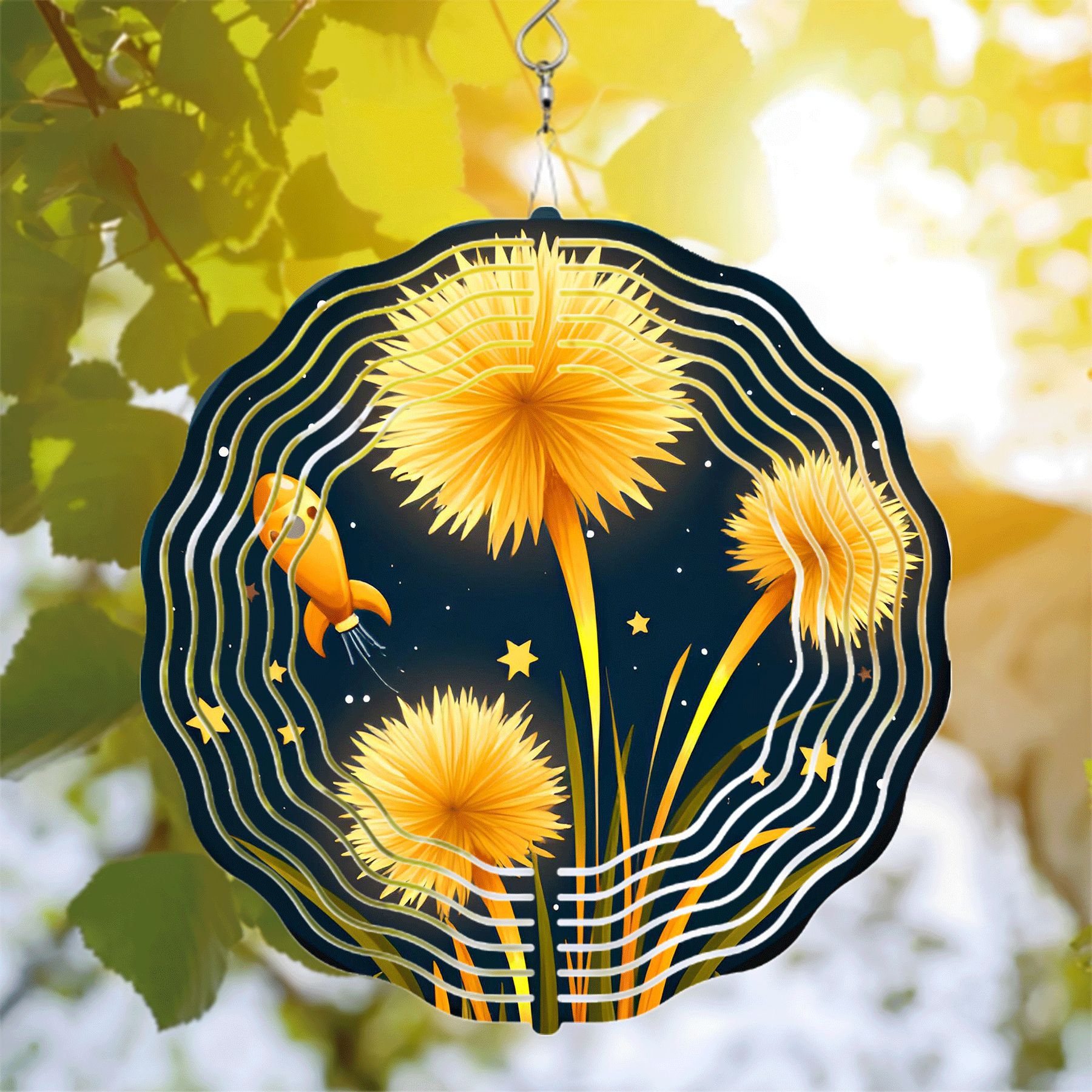 Stylized Metal Hanging Wind Spinner with Yellow Flower Design & Rocket ...