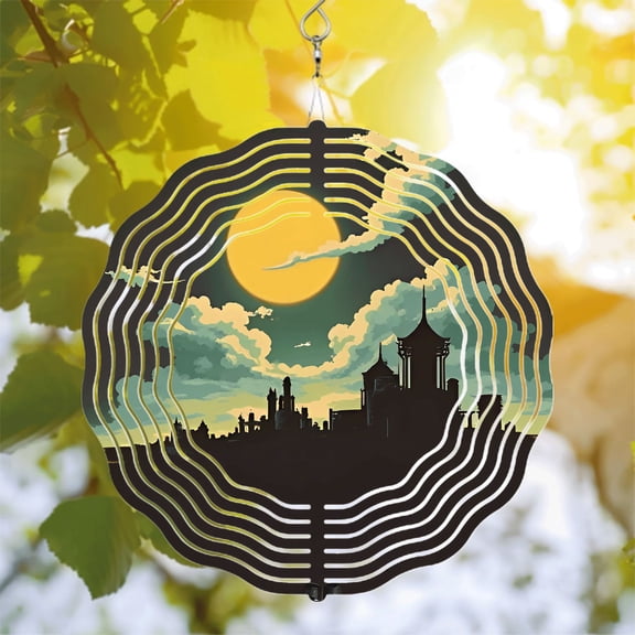 Stylized Metal Hanging Wind Spinners & Chimes - Circular Pattern Design for Yard & Garden Illuminated by Dusk Moonlight