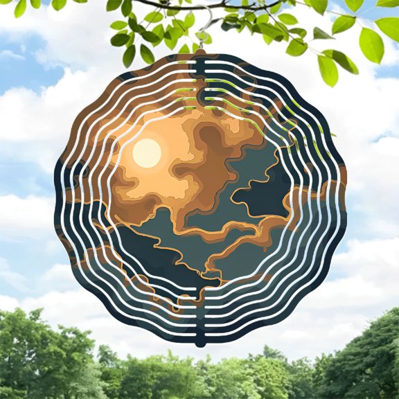 Stylized Metal Hanging Wind Spinners & Chimes - Serene Sunset Design with Concentric Circles Perfect for Yard & Garden Decor