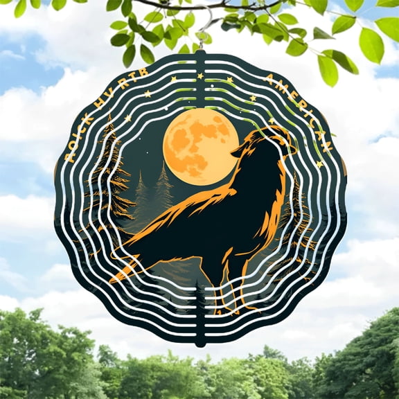 Stylized Metal Wind Spinner with Wolf & Moon Design - Unique Yard & Garden Decor Concentric Ripple Pattern Perfect for Outdoor Spaces