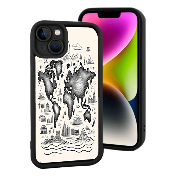 Stylized Monochrome World Map iPhone 15 Case - Lightweight Yellowing Resistant with Landmark Illustrations & Black Border