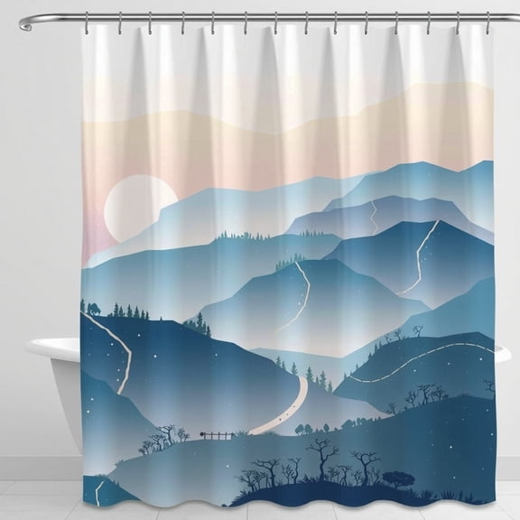 Stylized Mountain Landscape Shower Curtain - Tranquil Blue & Peach Design