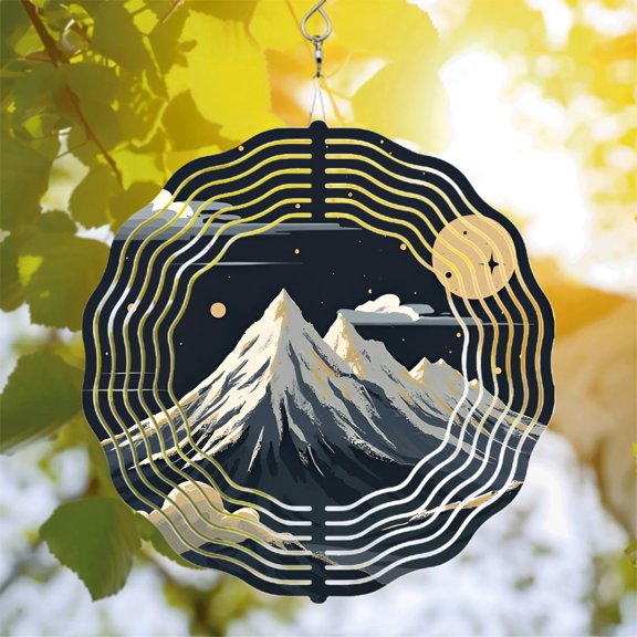Stylized Mountain Range Metal Wind Spinner - Artistic Sound Wave Design for Yard & Garden - Moonlit Night Sky Decor