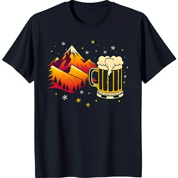 Stylized Mountain Range & Mug Graphic Dark Blue T-Shirt for Lovers