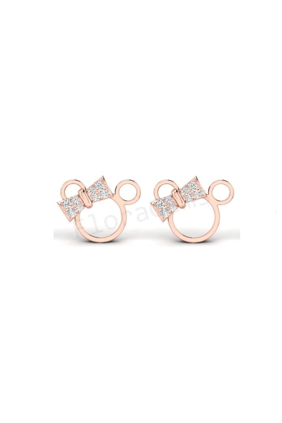 Stylized Mouse With Bow Stud Earrings for Women with Secure Safety Screwback 14K Rose Gold Plated Over 925 Sterling Silver