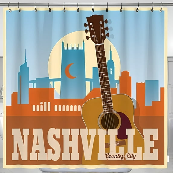 Stylized Nashville Shower Curtain with Acoustic Guitar Vintage Poster Design