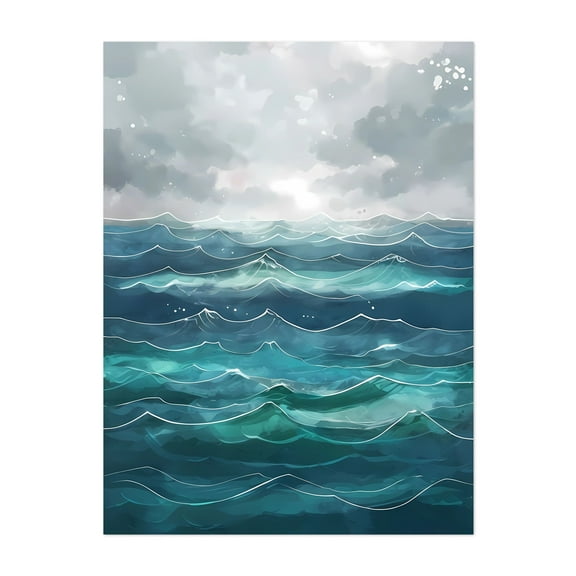 Stylized Ocean Waves Under a Cloudy Sky - Painting Waves Ocean Seascape Water Marine Life Watercolor Calm Unframed Wall Art Print 5 x 7 inches