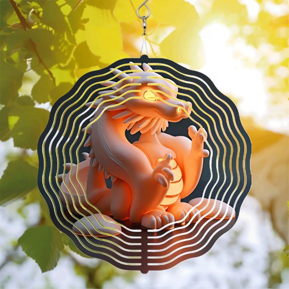 Stylized Orange Dragon Metal Wind Spinner with Glowing Eyes - Unique Wave Pattern Design for Yard and Garden Decor