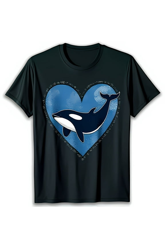 Stylized Orca Whale in Blue Heart Graphic Black T-Shirt for Men
