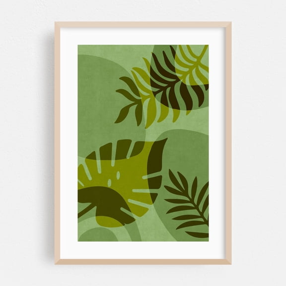 Stylized Palm Rhapsody Green - Painting Botanical Tropical Nature Modern Art Minimalist Abstract Floral Oak Framed Wall Art Print 5 x 7 inches