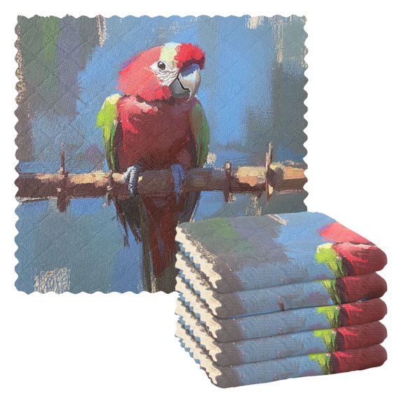 Stylized Parrot 6 Pack Kitchen Cleaning Cloths 11'' x 11'', Super Absorbent, Soft Double Layer Plush for Dish and Surface Cleaning