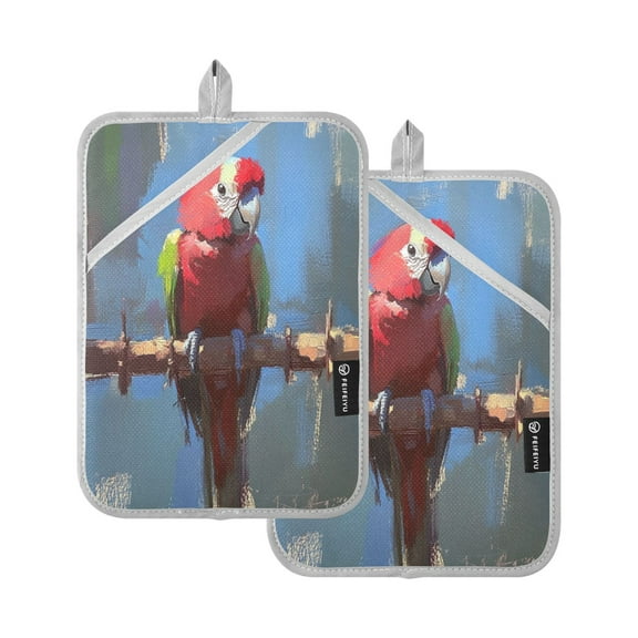 Stylized Parrot 7x9.8in Pot Holder Set Heat-Resistant Oven Hot Pads Durable with Storage Loop