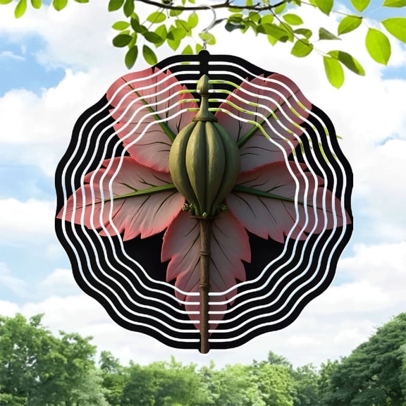 Stylized Pink Petal Metal Wind Spinner with Green Bud Center - Abstract Black and White Concentric Design for Yard and Garden Decor