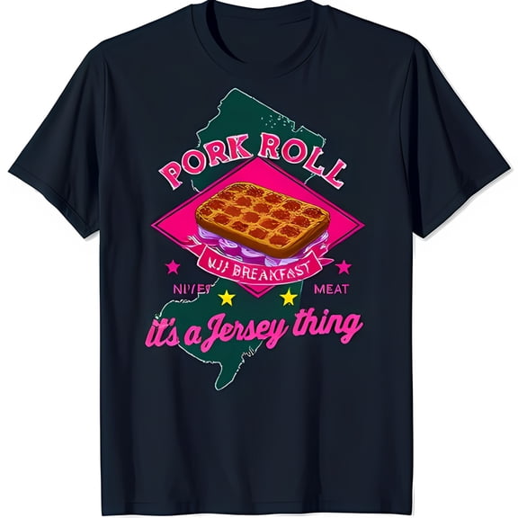 Stylized Pork Roll Sandwich Graphic on Black T-Shirt NJ Breakfast Design