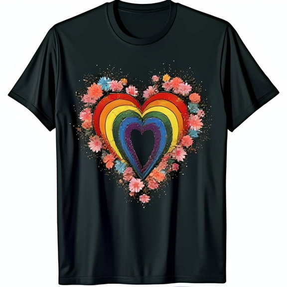 Stylized Rainbow Heart with Floral Outline Black Short Sleeve T-Shirt