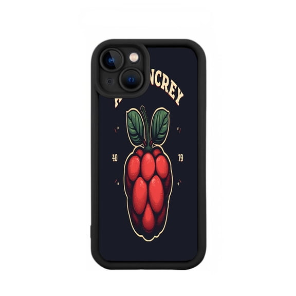 Stylized Raspberry Design iPhone 15 Case - Lightweight Yellowing Resistant Dark Blue Background with Golden ' FANCERY ' Text Black Border
