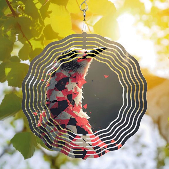 Stylized Red & Black Geometric Bird Metal Wind Spinner - Abstract Art for Yard & Garden - Unique Hanging Wind Chime Decoration