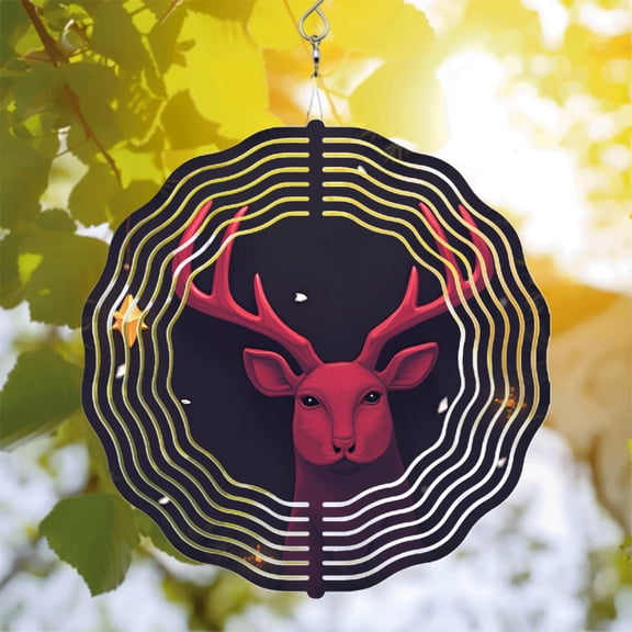 Stylized Red Deer Metal Wind Spinner with Antlers - Circular Pattern Design for Yard & Garden Decor - Unique Wind Chime Art