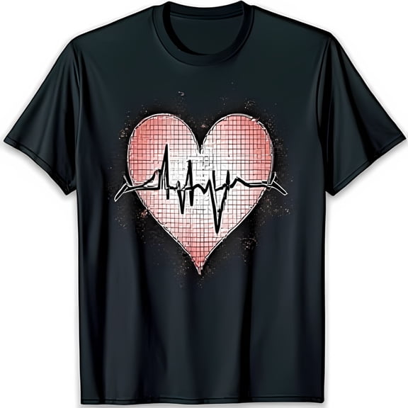 Stylized Red Heart EKG Black T-Shirt with Splatter Design