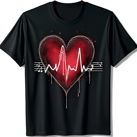 Stylized Red Heart EKG Line & Musical Notes Graphic Black T-Shirt