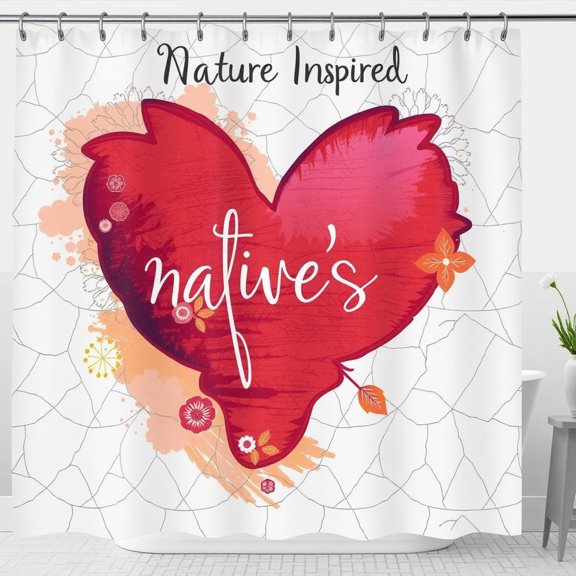 Stylized Red Heart Shower Curtain with Floral Accents - Nature Inspired Design