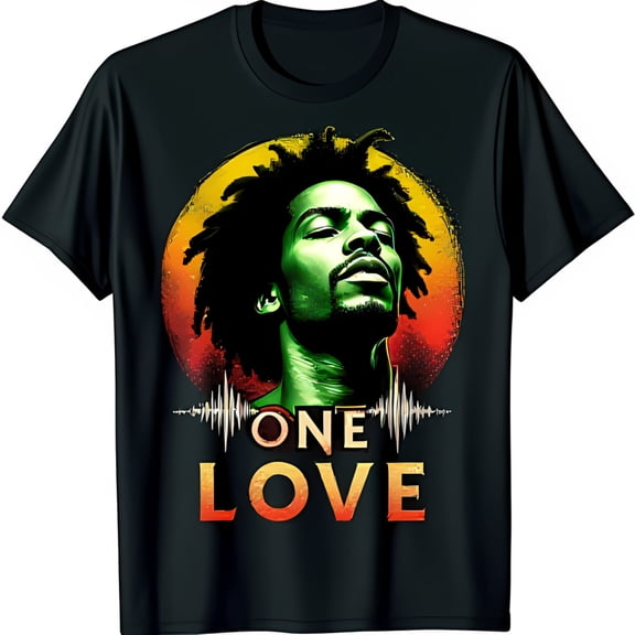 Stylized Reggae Musician Portrait T-Shirt ONE LOVE Black Tee for Fans