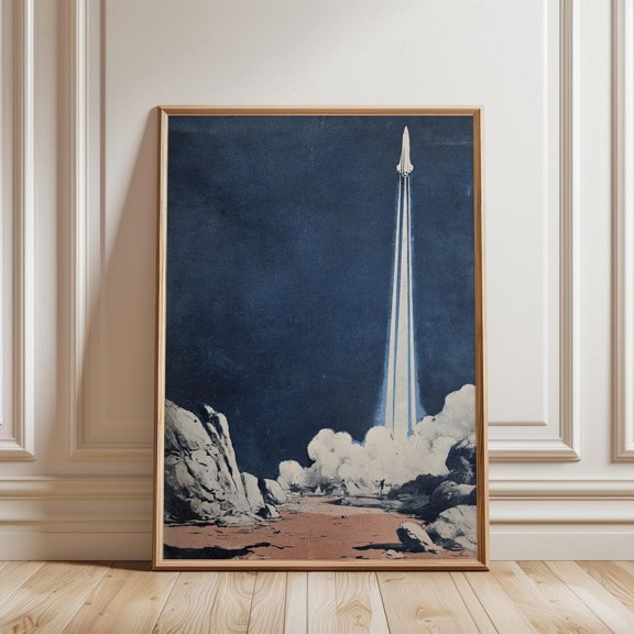 Stylized Rocket Launch Landscape Blue Sky Desert Scene Space Wall Art, Unframed Canvas 16x20in